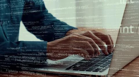 Computer programmer uses capable laptop computer to develop programming code Stock Photos