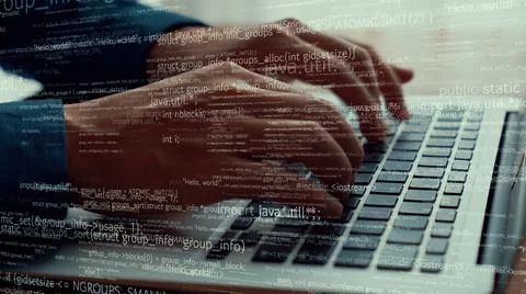 Computer programmer uses capable laptop computer to develop programming code Stock Photos