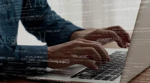 Computer programmer uses capable laptop computer to develop programming code Stock Photos