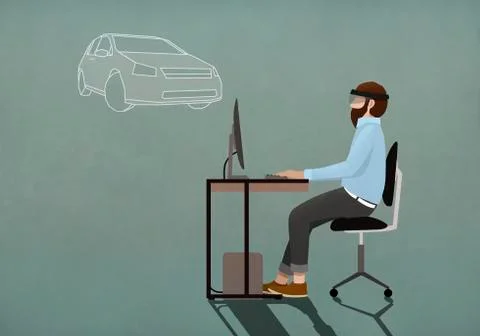 Computer programmer with virtual reality simulator glasses working at computer 库存插图