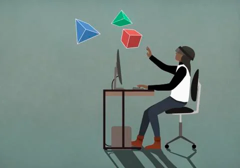 Computer programmer with virtual reality simulator glasses looking at 3D Stock Illustration