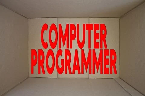 Computer Programmer word with cardboard box. Brown folded card box. Foto stock