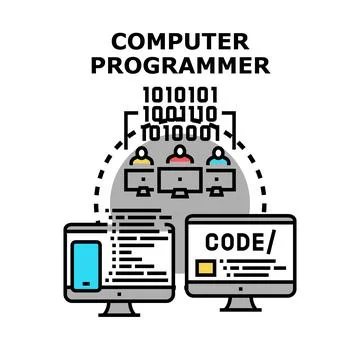 Computer programmer working with code in team concept Illustration