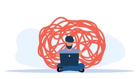 Computer programmer is working on a laptop at his home office, vector illus.. 库存插图