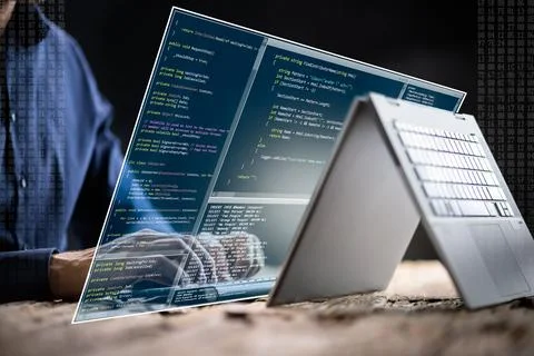 Computer Programmer Writing Program Code On Computer Foto stock