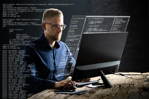 Computer Programmer Writing Program Code On Computer Stock Photos