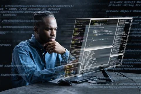 Computer Programmer Writing Program Code On Computer Stock Photos
