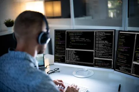 Computer Programmer Writing Program Code On Computer Foto stock