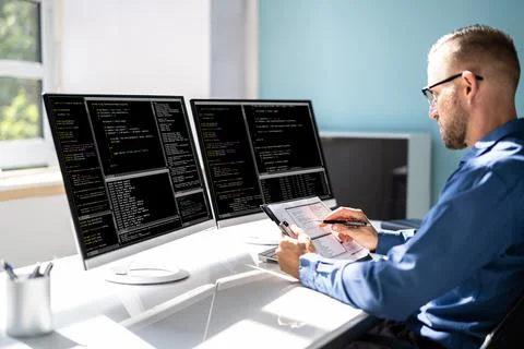 Computer Programmer Writing Program Code On Computer Photos