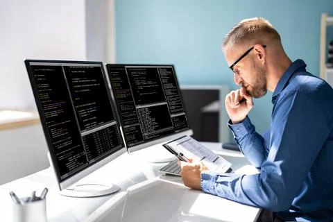 Computer Programmer Writing Program Code On Computer Foto stock