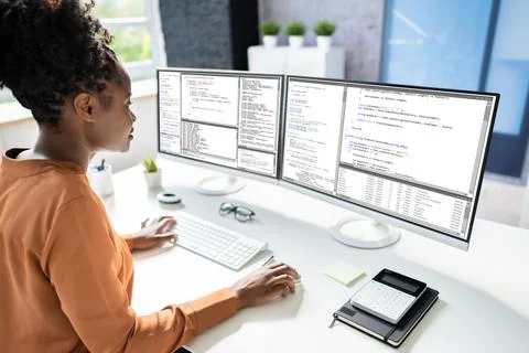 Computer Programmer Writing Program Code On Computer Foto stock