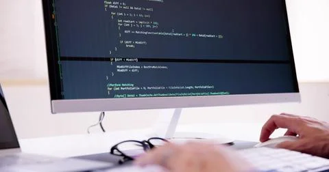 Computer Programmer Writing Program Code On Computer 库存照片