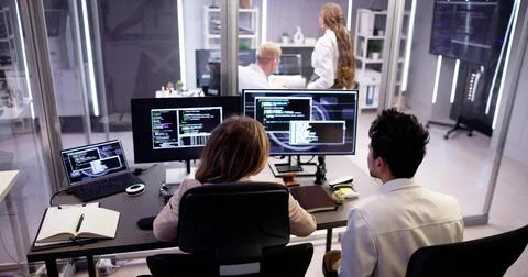 Computer Programmer Writing Program Code On Computer Stock Photos