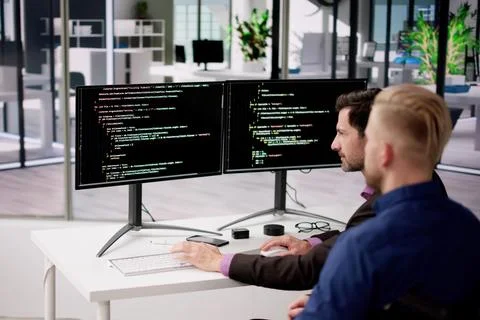 Computer Programmer Writing Program Code On Computer In Office Foto stock