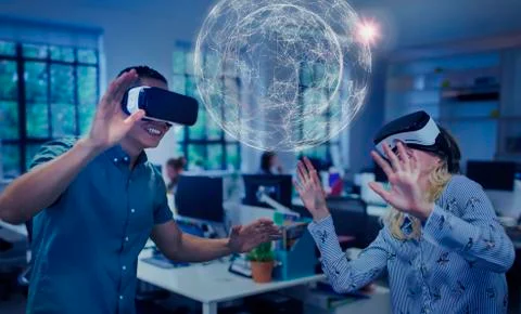 Computer programmers testing virtual reality simulator glasses, viewing Stock-Fotos