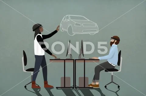 Computer programmers with virtual reality simulator glasses working in office Stock Illustration