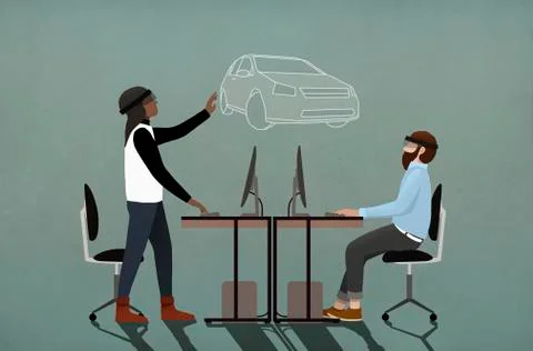 Computer programmers with virtual reality simulator glasses working in office Stock Illustration