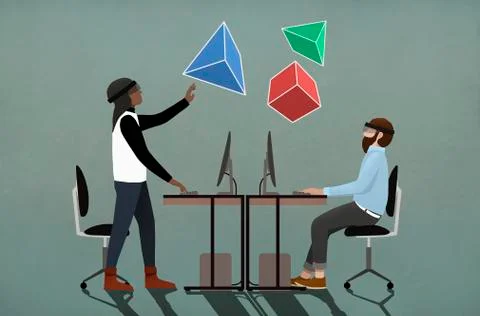 Computer programmers with virtual reality simulator glasses looking up at 3D Stock Illustration