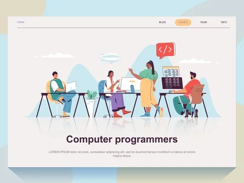 Computer programmers web concept for landing page in flat design. Man and w.. Stock Illustration