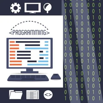 Computer with programmig coding on screen Stock Illustration