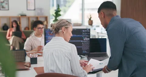 Computer, programming and business people in office, discussion and feedback for Stock Footage 329452932
