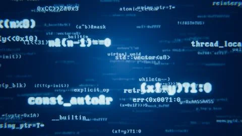 Computer programming code and abstract data displaying on a dark blue background Stock Illustration