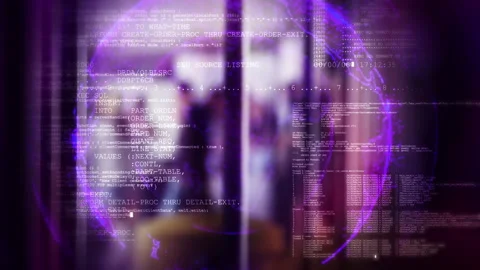 Computer programming code overlaying earth globe rotating and defocused cro.. Stock Footage 242842075