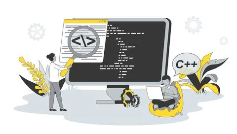 Computer programming concept in flat design with people. Man and woman write Stock Illustration