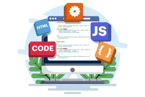 Computer programming concept, Java, HTML symbols, web design, software. Stock Illustration