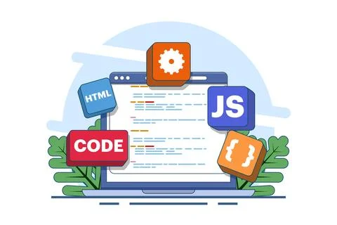 Computer programming concept, Java, HTML symbols, web design, software. Stock Illustration