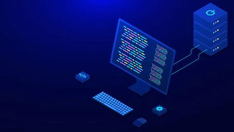 Computer programming concept with server isometric 스톡 일러스트