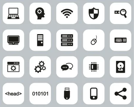 Computer Programming Icons Black &amp; White Flat Design Set Big Stock Illustration