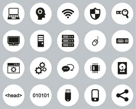 Computer Programming Icons Black &amp; White Flat Design Circle Set Big Stock Illustration