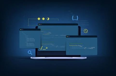 Computer programming, software development illustration with coding and windows. Stock Illustration