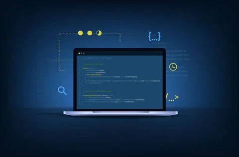 Computer programming, software development illustration with coding symbols. Stock Illustration