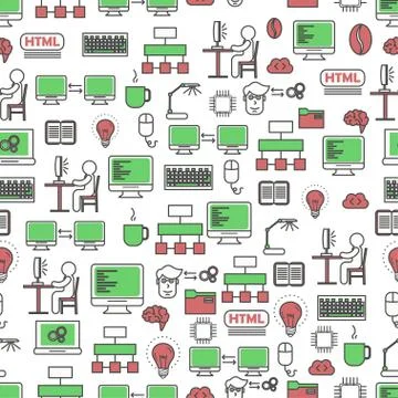 Computer programming vector flat line art seamless pattern Stock Illustration