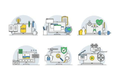 Computer programs on screen set. Management, marketing, research, e-learning イラスト素材