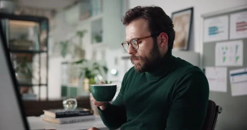 Computer, proofreading and man with coffee in office, journalist or article on Stock Footage 316763321