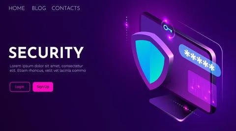 Computer protected by a shield. The concept of information protection. Landing Stock Illustration