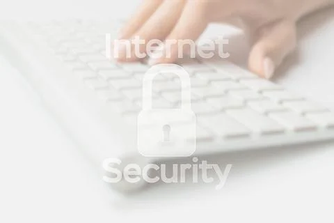 Computer protection. Data protect symbol on blured keyboard background. Busin Stock Photos