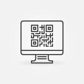Computer with QR Code on Screen vector outline icon Stock Illustration