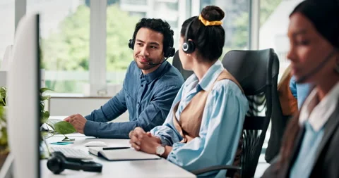 Computer, question and training with business people in call center for system Stock Footage 321795489