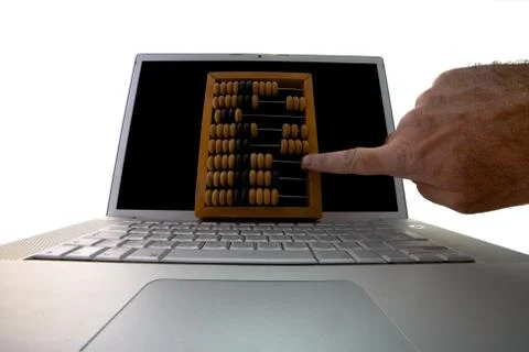 Computer as a rack for an abacus isolated on a white background 스톡 사진