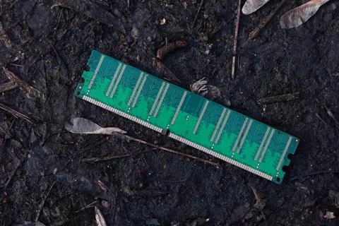 Computer RAM memory module lying in the mud as e-waste Stock Photos