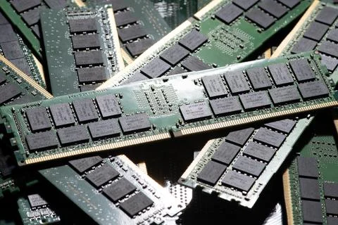Computer RAM memory modules background. DDR RAM memory chips. Memory for serv 写真素材