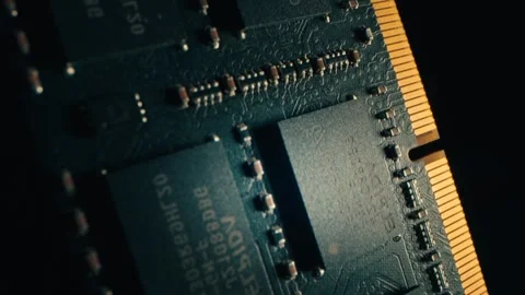 Computer RAM module with gold pins and microchips Stock Footage 334779391