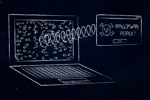 Computer with ransomware attack pop-up on a spring Illustrazione stock