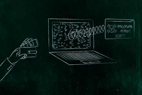 Computer with ransomware attack pop-up on a spring &amp; hand giving wallet Illustrazione stock