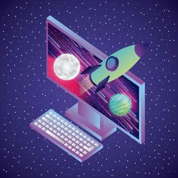 Computer rcoket planets starry background virtual reality 스톡 일러스트