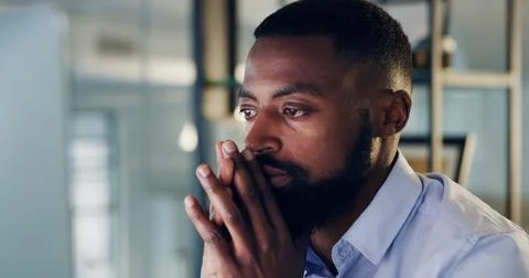 Computer, reading and black man think of business insight, planning budget .. Stock Photos